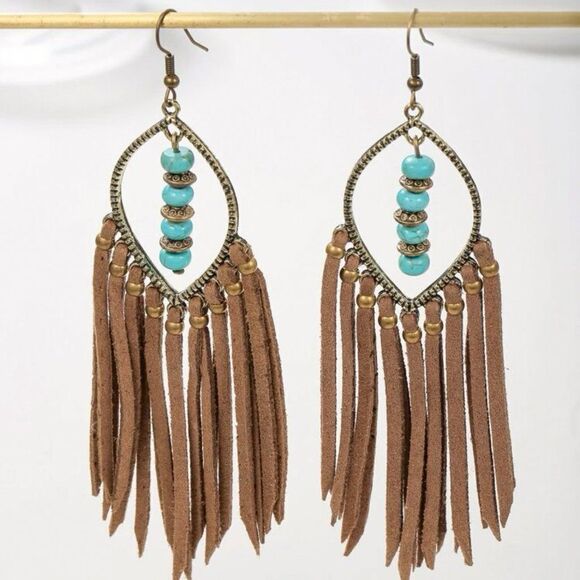 Ukiyo Turquoise Leather Tassel Dreamcatcher Earrings - Picture 1 of 4